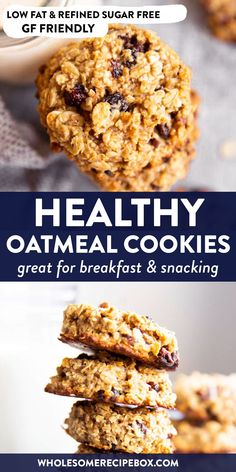 healthy oatmeal cookies stacked on top of each other with text overlay