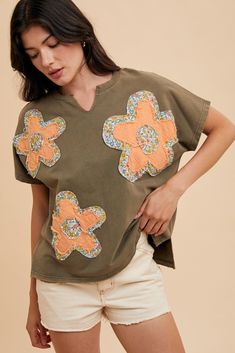 AnnieWear Flower Patch Knit Top in Olive Umgee Clothing, Consuela Bags, Thml Clothing, Umgee Dress, Patches Shirt, Notched Neckline, Umgee Tops, Flower Patch, Terry Fabric