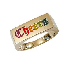 "This rectangular shaped signet style ring is composed of 14K solid gold & can be finished with any font style engraving of any monogram initials, name, word or Roman numerals desired. The engraving is then filled in with glow in the dark enamel and can be completed in any color desired.  The rainbow enameling is provided to show the range of colors that we can offer.  This ring is entirely solid (NOT hollowed out on the inside) making is also possible for gemstone setting. NOTE: Please indicate Engraved Enamel Ring As A Gift, Engraved Enamel Signet Ring Gift, Gold 14k Hallmarked Enamel Ring, Yellow Gold Enamel Signet Ring For Anniversary, Engraved 14k Gold Enamel Ring, Anniversary Yellow Gold Enamel Signet Ring, 14k Gold Enamel Ring With Polished Finish As Gift, 14k Gold Enamel Ring With Polished Finish For Gifts, Engraved 14k Yellow Gold Enamel Ring