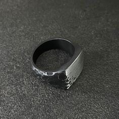 Modern Black Jewelry With Oxidized Finish, Modern Black Oxidized Jewelry, Formal Hand Forged Black Jewelry, Formal Black Hand Forged Jewelry, Minimalist Engraved Black Signet Ring, Black Enamel Metal Rings, Black Open Ring Metal Rings, Black Metal Open Ring, Black Stainless Steel Open Ring