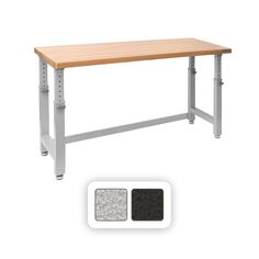 a wooden table with metal legs and two different colored carpeting samples next to it