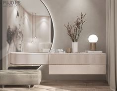 a white bathroom with a mirror, sink and stool in it's center area