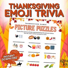 the thanksgiving emoj trivia game is shown in this graphic style, with pumpkins and leaves on it