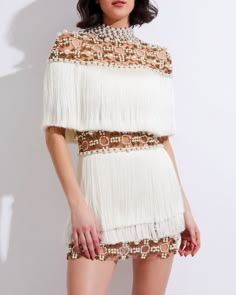 Hand-Beaded Pearl and Fringe Mini Dress (RUNWAY) Mini Dress Runway, Beaded Dress Short, Dress Runway, Cocktail Dress Yellow, Halterneck Mini Dress, Fringe Mini Dress, Kelsea Ballerini, Runway Dresses, Made In Brazil