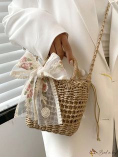 Bird in Bag - Mini Butterfly Bow Decorated Woven Tote Bag with Vacation Accents Cute Bucket Bags For Spring, Spring Gift Rectangular Bucket Bag, Casual Beige Satchel As Gift, Spring Gift Beige Bag, Beige Bucket Bag For Spring Gift, Spring Beige Bucket Bag As Gift, Brown Shoulder Bag Gift For Spring, Brown Shoulder Bag As Spring Gift, Mini Butterfly