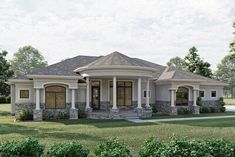 this is an artist's rendering of a house in the country style with stone pillars and columns