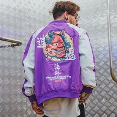 Samurai Mask Embroidery Hip Hop Zippered Jacket-unisex-wanahavit-purple-M-wanahavit Mask Embroidery, Men Embroidery, Samurai Mask, Urban Hip Hop, Streetwear Jackets, Cheap Jacket, Printed Jacket, Fashion Male, Jackets Men Fashion