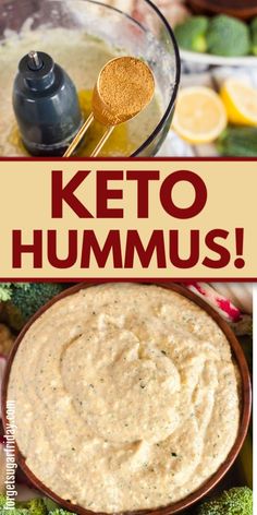 keto hummus in a bowl with broccoli and lemons