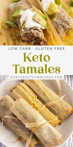 two plates with food on them and the words low carb gluen free keto tamales