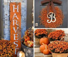 pumpkins and gourds are arranged in front of a door with the letter b on it