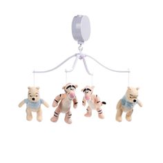 three small stuffed animals hanging from a white ceiling fixture with a mirror on the top