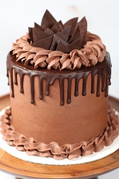 a chocolate cake on a plate with icing drizzled around the edges