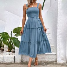 I Bought This On Tiktok But Never Wore It. Cute Viscose Sundress With Straps And Smocked Top. Ruffled Maxi Length Skirt. Approximate Measurements: 13" Chest, 12" Waist, 44" Length. Blue Sundress, Smocked Top, Sundress, Blue Dresses, Maxi Dress, Womens Dresses, Skirt, Dresses, Women Shopping