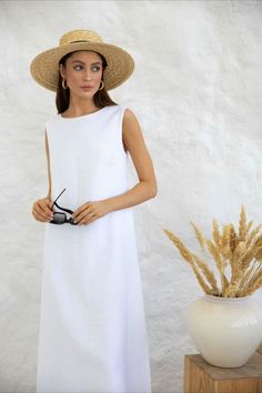 Linen maxi dress with boat neck and open back for women with feminine look. Made from washed linen to prevent shrinkage after washing. Completely organic and hypoallergenic. • All clothing made from washed European blend linen (60% linen and 40% cotton) • OEKO-TEX certified fabric (no harmful chemicals used in production) • Maxi length • Boat neck • Open back with ties • Double layer top (bust) • From XS to Plus size • Perfect clothing for summer White Linen Sleeveless Dress For Beach, Linen A-line Maxi Dress For Beach, White Sleeveless Linen Dress For Summer, Sleeveless Linen Summer Dress For Daywear, White Linen Sleeveless Summer Dress, Sleeveless Linen Maxi Dress For Day Out, Sleeveless Linen Dress For The Beach, White Sleeveless Linen Dress For Vacation, White Sleeveless Linen Beach Dress