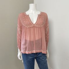 Lucky Brand Pink Semi-Sheer Peasant Blouse With Embroidery, Lightly Puffed 3/4 Sleeves With Tassels, No Stretch Size: Medium 40" Around Chest 25" Length New With Tag, $69 Summer Festival Peasant Top With Embroidered Sleeves, Bohemian Embroidered Peasant Top For Fall, Bohemian Spring Tops With Tassel Ties, Bohemian V-neck Blouse With Tassels, Bohemian Tops With Tassel Ties For Spring, Bohemian Embroidered Top With Boho Collar For Spring, Spring Bohemian Embroidered Tunic Top, Bohemian Spring Embroidered Tunic Top, Bohemian Fall Tops With Tassel Ties