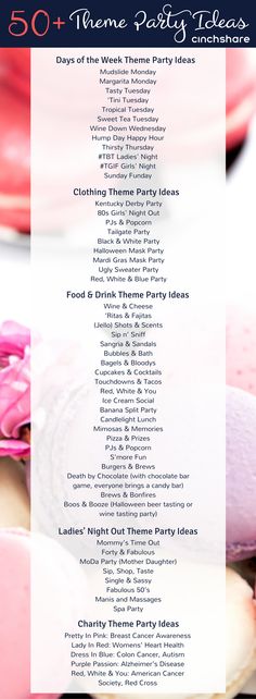 the 50 + theme party ideas list is shown with pink flowers and white plates on it