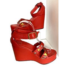 Fly New Iii Womens 37 Us 6 Sandals Wedge Red Leather Ankle Strap Read Features: Colorful, High-Heel Wedge Sandals By Fly New Iii Company Red Leather Exterior/Partial Interior Two Front Straps W/ Yellow/Silver Gray Accents Wide Ankle Strap, Adjustable Comfortable Marked Size 37 Eu/ Size 6-6.5 Us Condition: Read: Overall Very Good But The Right Shoe, Shows Cracks On The Inside Only, As Shown In The Pictures. Not Sure How This Happened As The Soles Show No Wear Whatsoever And Are Unworn. Possibly, Sandals Wedge, High Heel Wedges, Heels & Wedges, Espadrille Shoes, Synthetic Leather, Wedge Sandals, Red Yellow, Red Leather, High Heel