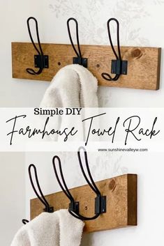 the simple diy farmhouse towel rack is made from wood and has two hooks on it