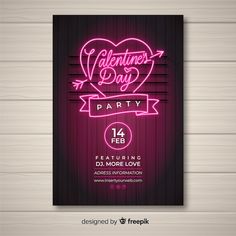 a valentine's day party flyer with neon lights on the side and a heart