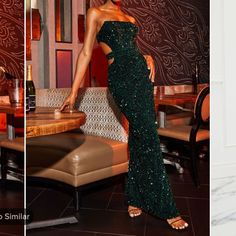 two photos of women in evening dresses at a restaurant