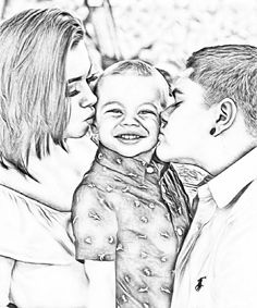 a black and white drawing of a family kissing each other while the child is being held by his mother