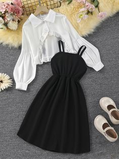 Preto e Branco Casual Collar Manga Comprida  Bloco de cores  Embellished Elasticidade Baixa  Roupa Meninas Dresses And Shoes, Shein Kids, Dance Outfit, Dress Inspo