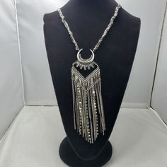 Bke Bohemian Statement Necklace Silver-Black Chain And Rhinestones 24 Inch Length With 6 Inch Tassel Silver Metal Necklace With Beaded Chain, Festival Silver Alloy Necklaces, Metal Crystal Dangle Necklace With Adjustable Chain, Adjustable Silver Chain Necklace For Festivals, Silver Beaded Rhinestone Necklace In Metal, Silver Metal Rhinestone Necklace With Chain, Silver Metal Crystal Necklace With Chain, Silver Alloy Rhinestone Necklace, Bohemian Silver Metal Chain Necklace