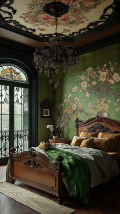 a bedroom with green walls and floral wallpaper on the ceiling, along with a large bed