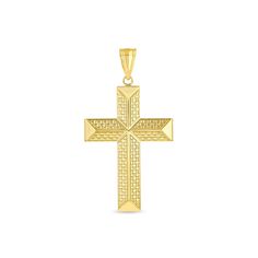 "14k solid gold double sided cross pendant. measures approx 1 3/4\" by 1\". high polish finish." Formal Polished Cross Pendant Necklace, Yellow Gold Polished Cross Necklace Pendant, Yellow Gold Diamond Cut Cross Pendant Necklace, Yellow Gold Cross Necklace With Large Pendant, 14k Gold Diamond Cut Cross Necklace, Formal Large Cross Pendant Jewelry, Diamond Cut Yellow Gold Cross Pendant, 14k Yellow Gold Engraved Cross Necklace, Yellow Gold Diamond-cut Cross Pendant