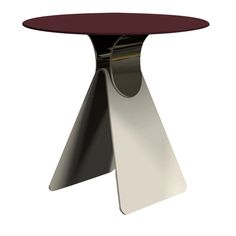 a round table with an unusual design on it's base and a red top