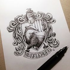 a drawing of a wolf with a shield on it's back and the words shufflepuff written in black ink