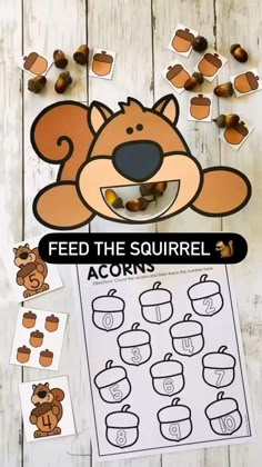 an animal themed activity for kids to learn how to feed the squirrel with this free printable