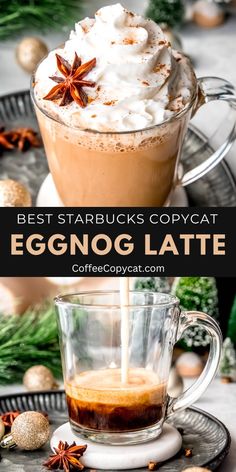 eggnog latte with whipped cream in a glass cup and topped with star anise