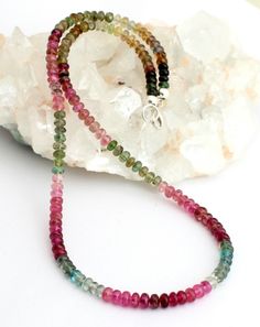 Beautiful natural tourmaline necklace with 925 silver carabiner Gemstone: tourmaline (Genuine) Stone size: Approx. 4.5 to 5.0 mm Colour: Colored (red, green) Total weight: approx. 85 carats Total length: approx. 46 cm Cut shape: Lens shape Closure: Hard gold-plated 925 silver carabiner Special feature: Handgeferitigt, very good colour combination Beautiful tourmaline necklace at a great price Notes: We always use real gems as well as 925 silver in our products. We always work with high-quality m Photo Shape, Good Color Combinations, Necklace Colorful, Silver Jewelry Design, Gemstone Beaded Necklace, Natural Gemstone Jewelry, Tourmaline Necklace, Costume Jewelry Necklaces, Watermelon Tourmaline