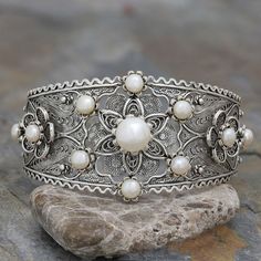 Ottoman Silver, Floral Cuff, Womens Cuff Bracelets, Bracelet Pearl, Filigree Jewelry, Silver Collection, Platinum Jewelry, Sterling Silver Cuff Bracelet, Sterling Silver Filigree