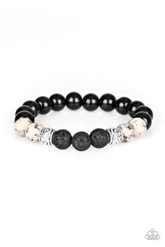 Infused with ornate silver beads, a collection of polished black beads, black lava rock beads, and speckled white stone beads are threaded along a stretchy band around the wrist for a seasonal look.Sold as one individual bracelet. Lava Rock Bracelet, Lava Bead Bracelet, Lava Bracelet, White Bracelets, Silver Frames, Lava Rock, Lava Bead, Paparazzi Accessories, Lava Stone