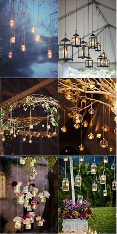 many different pictures of lights hanging from the ceiling and in vases with flowers on them