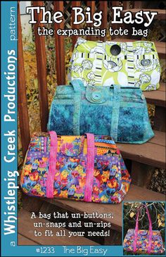 the big easy handbag pattern is shown in three different colors and sizes, with instructions to make it