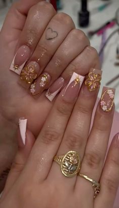 Nails To Go With A Brown Dress, Y 2k Nails, Fall Nail Inspo Long Square, Classy Sheek Nails, Brown Nails And Gold, Acrylic Nail Designs White And Gold, Gold And Milky White Nails, Navy Blue Gem Nails, Square Acrylic Nails Black Women