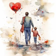 a watercolor painting of a father and son holding hands while flying a red heart shaped balloon