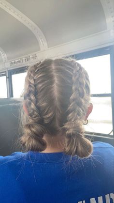 Meet Day Hairstyles, French Braid Space Buns Low, Volleyball Hairstyles Pigtails, Fnl Hairstyles, Track And Field Hairstyles, Football Game Hair, Hairstyles With Two Braids, Hair Styles For Swimming, Game Day Hairstyles