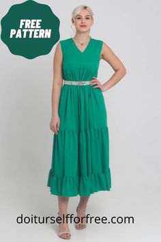 a woman is wearing a green dress and has her hands on her hips, with the words free pattern below it