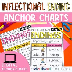 an anchor chart with the words ending and ending on it, along with other writing materials