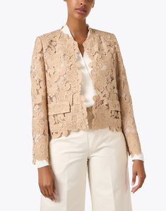 Add a layer of elegance to your look with Kobi Halperin's Kaiya jacket. Crafted from intricate floral lace, this topper is cut to a flattering cropped fit. Pair it with a neutral top, white or blue jeans, and kitten heels for an ensemble that will never go out of style. Jeans And Kitten Heels, Pink Brunch, Lace Asoebi Styles, Clothes Details, Fall Sewing, Neutral Tops, Kobi Halperin, Asoebi Styles, Lace Jacket