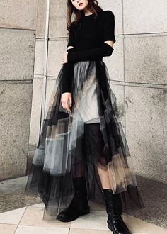 Fall Tulle Dress With Flowy Skirt, Tulle Skirt Dress For Fall, Flowy Tulle Skirt Dress For Fall, Tiered Maxi Skirt For Fall Party, Fall Full Tulle Skirt Dresses, Black Tulle Maxi Skirt For Summer, Long Tulle Skirt Dress For Fall, Voluminous Maxi Skirt For Fall Party, Fall Dresses With Ruffled Long Skirt