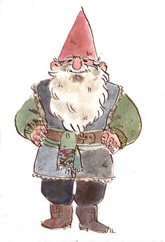 an illustration of a gnome with a red hat and green jacket standing in front of a white background