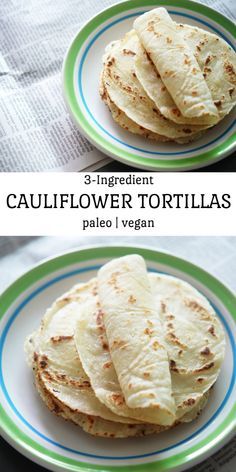 three different types of tortillas sitting on top of a white and green plate