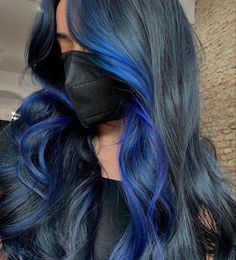 Colored Hair For Light Brown Hair, Dark Blue Hair With Money Piece, Black And Blue Money Piece, Blue Black Hair With Blonde Money Piece, Black Hair Blue Money Piece, Blue Money Piece Hair, Blue And Black Hair, Dyed Hairstyles