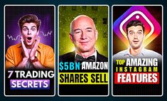 three men with different facial expressions on their faces and the words, $ 5 billion amazon top amazon instagram shares sell features