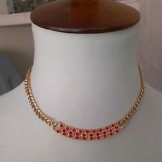 14-17" Gold Necklace With Red And Gold Crystals. New Without Tags Red Metal Choker For Party, Red Choker Necklace With Lobster Clasp, Red Chain Choker Necklace, Red Adjustable Chain Necklace For Party, Red Choker With Adjustable Chain For Gifts, Red Choker With Adjustable Chain As Gift, Red Adjustable Chain Choker As Gift, Trendy Ornaments, Gold Crystal Necklace